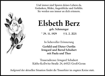Traueranzeige von Elsbeth Berz von vrm-trauer