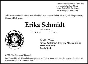 Traueranzeige von Erika Schmidt von vrm-trauer