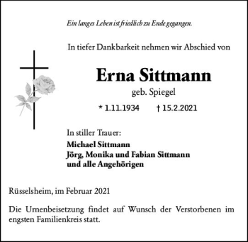 Traueranzeige von Erna Sittmann von vrm-trauer