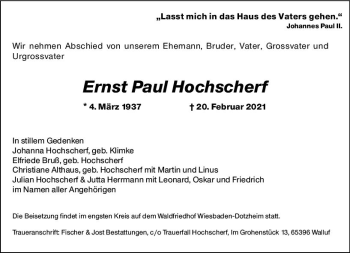 Traueranzeige von Ernst Paul Hochscherf von vrm-trauer