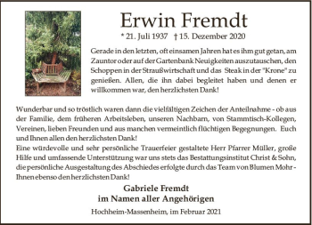 Traueranzeige von Erwin Fremdt von vrm-trauer