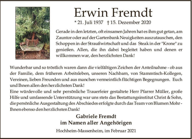  Traueranzeige für Erwin Fremdt vom 13.02.2021 aus vrm-trauer