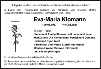 Traueranzeige von Eva-Maria Klomann von vrm-trauer
