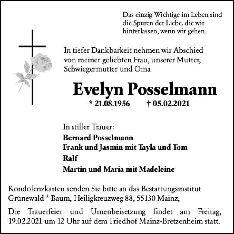  Traueranzeige für Evelyn Posselmann vom 13.02.2021 aus vrm-trauer