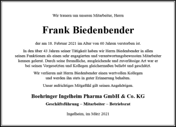 Traueranzeige von Frank Biedenbender von vrm-trauer