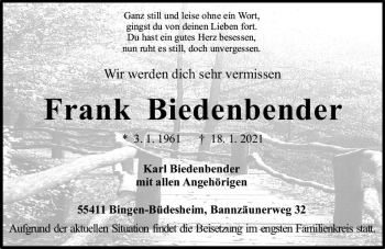 Traueranzeige von Frank Biedenbender von vrm-trauer