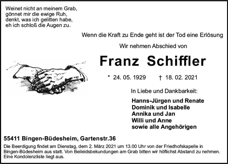  Traueranzeige für Franz Schiffler vom 27.02.2021 aus vrm-trauer