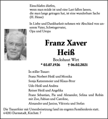 Traueranzeige von Franz Xaver Heiß von vrm-trauer