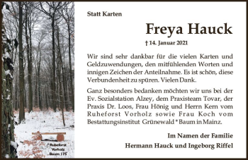 Traueranzeige von Freya Hauck von vrm-trauer