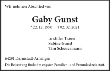 Traueranzeige von Gaby Gunst von vrm-trauer