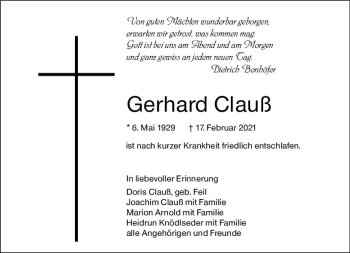 Traueranzeige von Gerhard Clauß von vrm-trauer
