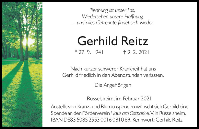  Traueranzeige für Gerhild Reitz vom 27.02.2021 aus vrm-trauer