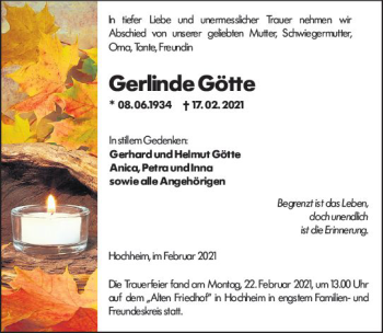 Traueranzeige von Gerlinde Götte von vrm-trauer