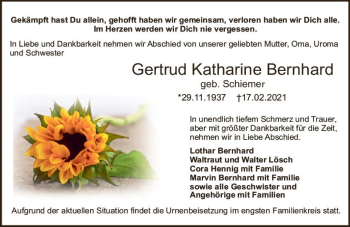 Traueranzeige von Gertrud Katharine Bernhard von vrm-trauer