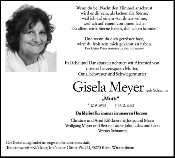 Traueranzeige von Gisela Meyer von vrm-trauer
