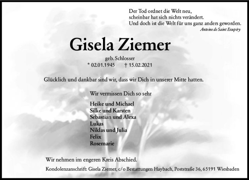  Traueranzeige für Gisela Ziemer vom 20.02.2021 aus vrm-trauer