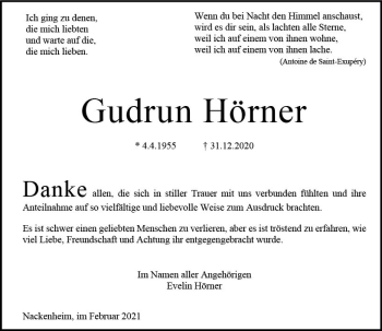 Traueranzeige von Gudrun Hörner von vrm-trauer