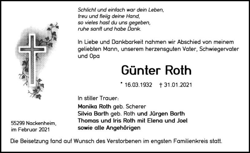  Traueranzeige für Günter Roth vom 13.02.2021 aus vrm-trauer