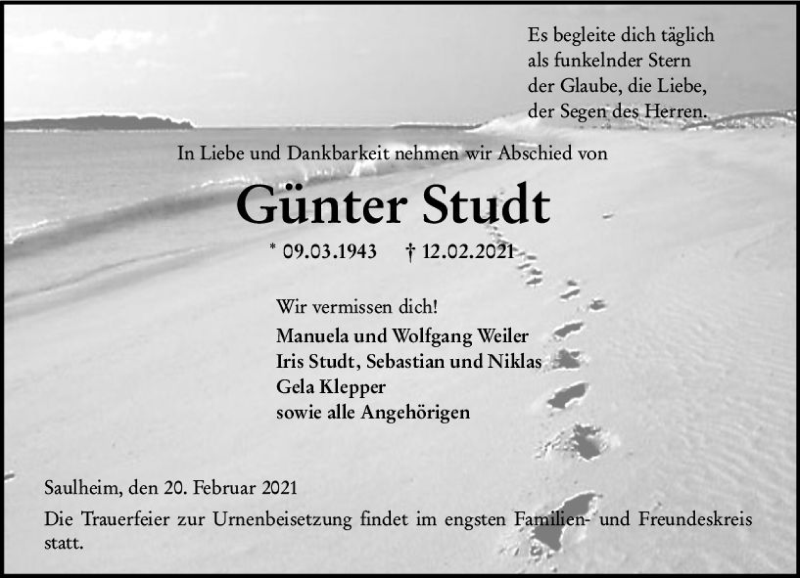  Traueranzeige für Günter Studt vom 20.02.2021 aus vrm-trauer