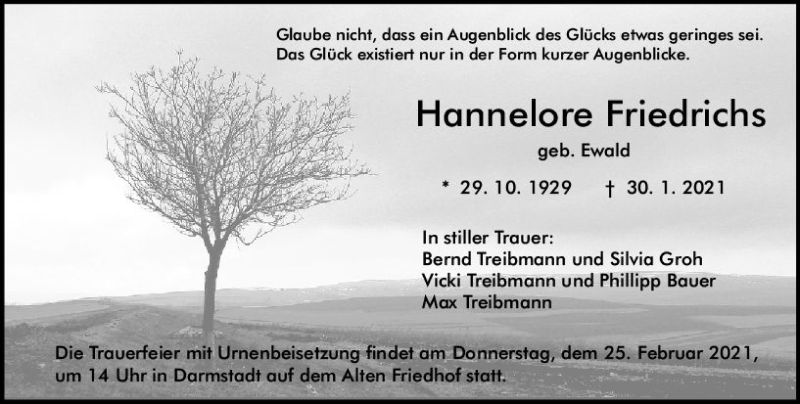  Traueranzeige für Hannelore Friedrichs vom 06.02.2021 aus vrm-trauer