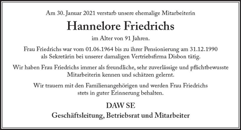  Traueranzeige für Hannelore Friedrichs vom 20.02.2021 aus vrm-trauer
