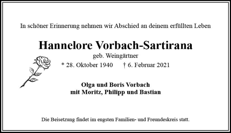  Traueranzeige für Hannelore Vorbach-Sartirana vom 13.02.2021 aus vrm-trauer