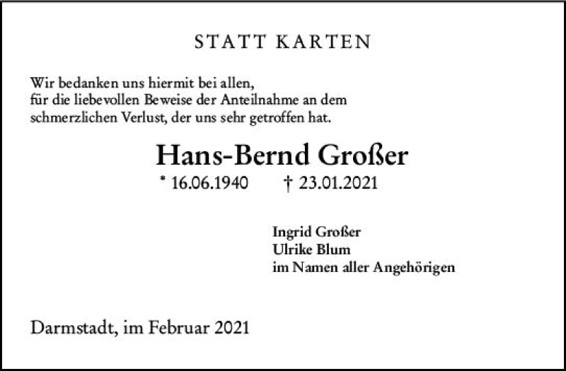 Traueranzeige für Hans-Bernd Großer vom 12.02.2021 aus vrm-trauer
