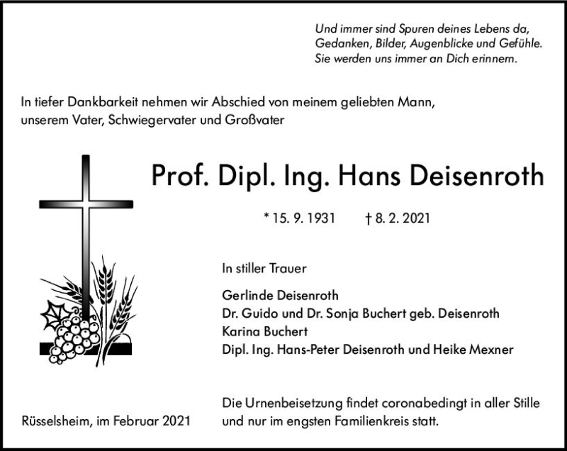  Traueranzeige für Hans Deisenroth vom 20.02.2021 aus vrm-trauer