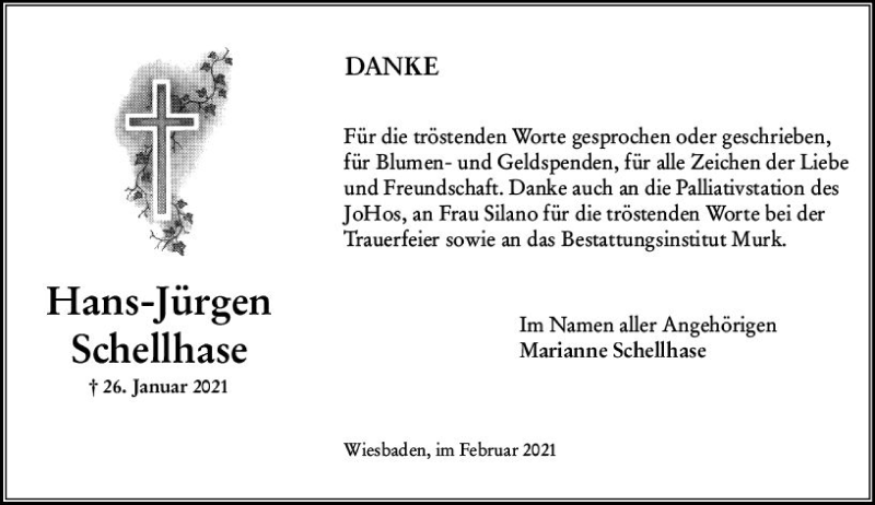  Traueranzeige für Hans-Jürgen Schellhase vom 13.02.2021 aus vrm-trauer