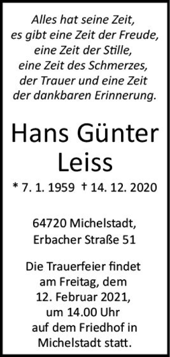 Traueranzeige von Hans Günter Leiss von vrm-trauer