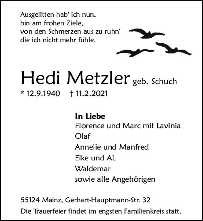  Traueranzeige für Hedwig Metzler vom 20.02.2021 aus vrm-trauer