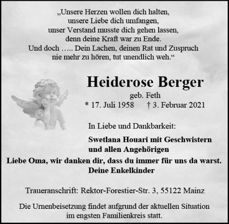  Traueranzeige für Heiderose Berger vom 13.02.2021 aus vrm-trauer