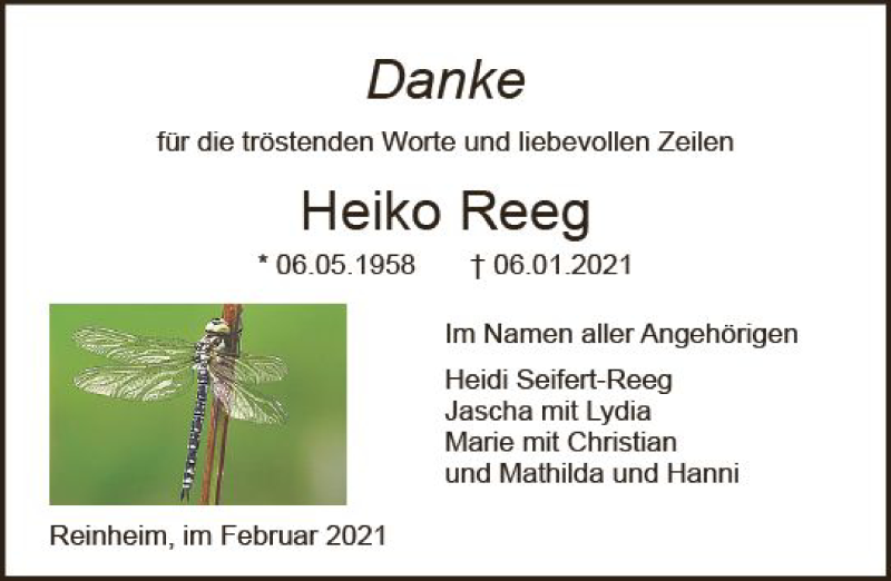  Traueranzeige für Heiko Reed vom 13.02.2021 aus vrm-trauer