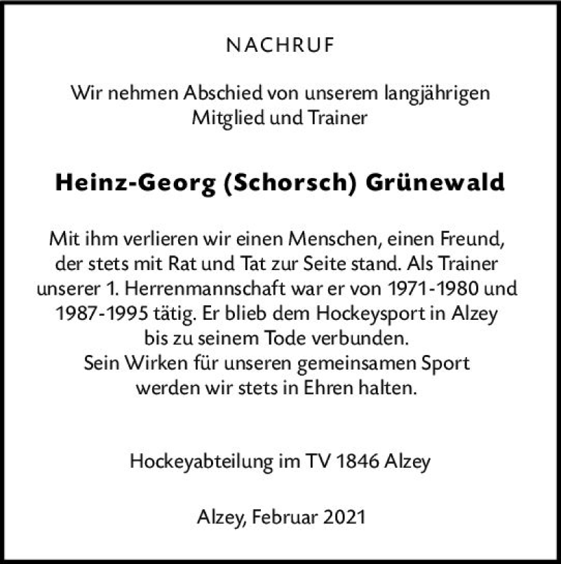  Traueranzeige für Heinz-Georg Grünewald vom 27.02.2021 aus vrm-trauer