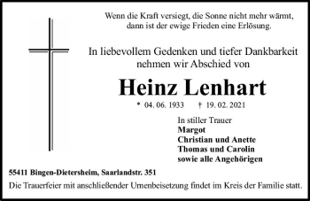 Traueranzeige von Heinz Lenhart von vrm-trauer