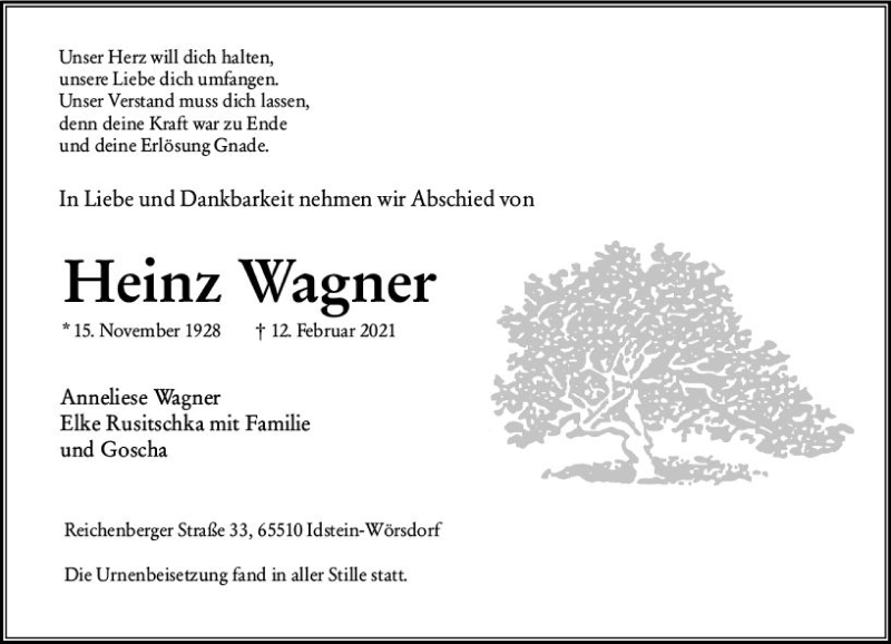  Traueranzeige für Heinz Wagner vom 27.02.2021 aus vrm-trauer