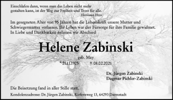 Traueranzeige von Helene Zabinski von vrm-trauer