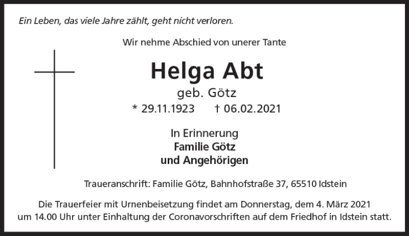  Traueranzeige für Helga Abt vom 27.02.2021 aus vrm-trauer