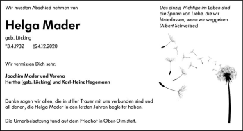 Traueranzeige von Helga Mader von vrm-trauer
