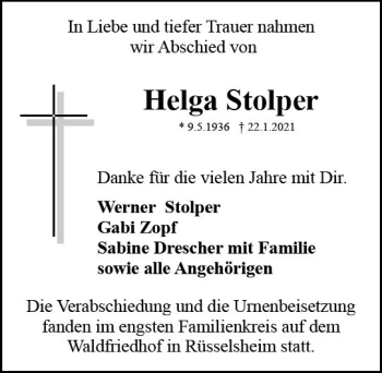 Traueranzeige von Helga Stolper von vrm-trauer