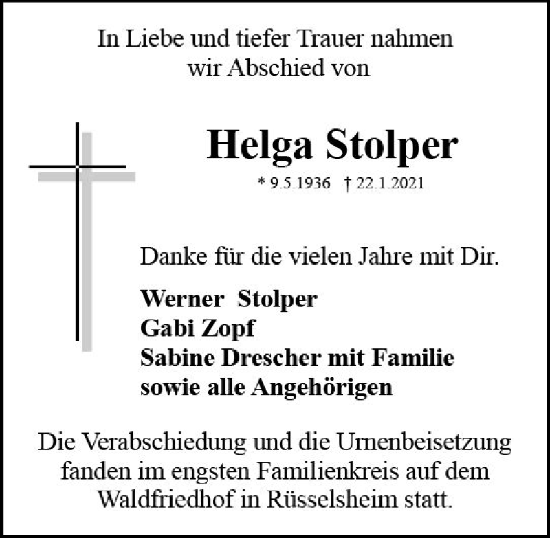  Traueranzeige für Helga Stolper vom 20.02.2021 aus vrm-trauer