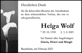 Traueranzeige von Helga Wolf von vrm-trauer