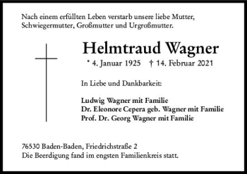 Traueranzeige von Helmtraud Wagner von vrm-trauer