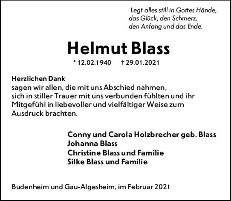 Traueranzeige für Helmut Blass vom 27.02.2021 aus vrm-trauer