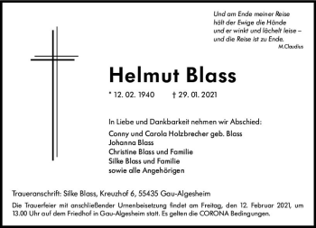 Traueranzeige von Helmut Blass von vrm-trauer