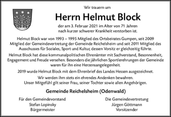 Traueranzeige von Helmut Block von vrm-trauer