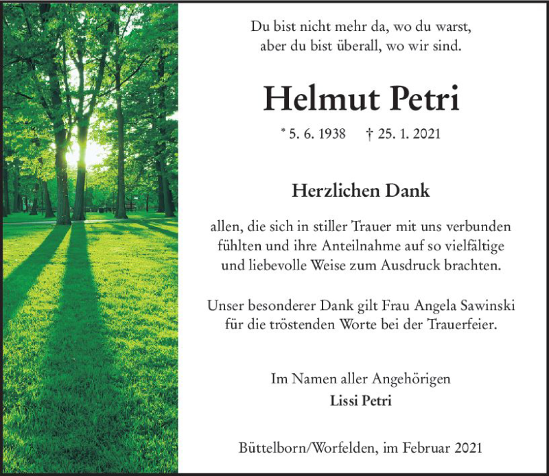  Traueranzeige für Helmut Petri vom 20.02.2021 aus vrm-trauer