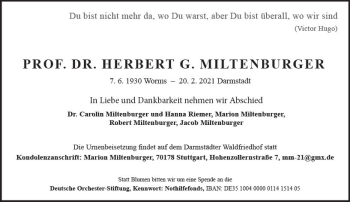 Traueranzeige von Herbert Miltenburger von vrm-trauer