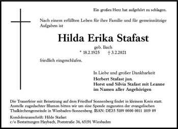 Traueranzeige von Hilda Erika Stafast von vrm-trauer