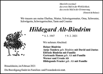 Traueranzeige von Hildegard Alt-Bindrim von vrm-trauer